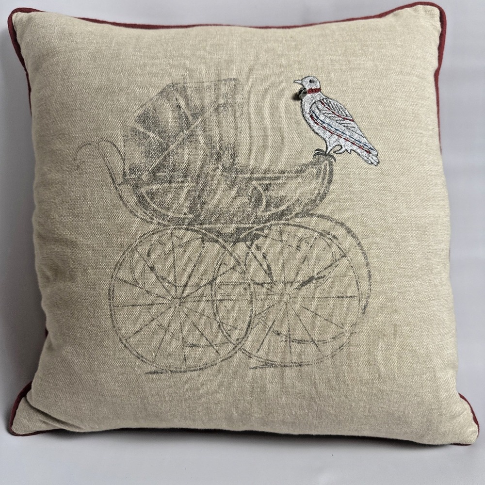Storehouse Christmas Throw Pillow 15x15 Bird Baby Carriage Farmhouse Cottage